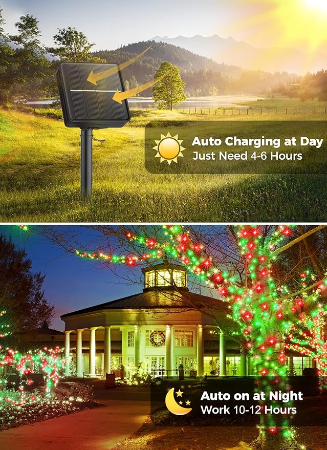 Minetom Solar Christmas Lights Outdoor Waterproof, 2 Pack Total 80FT 200 LED Solar Lights with 8 Modes, Solar Christmas Outdoor Decoration, Solar String Lights for Outside House Tree, Red & Green
