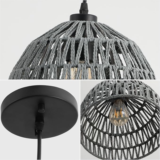 JONATHAN Y Campana 1-Light Pendant Dome Ceiling Lamp, 10.25", Gray | Modern Coastal Farmhouse Decor, Adjustable Height, Woven Rope Metal Frame, LED Bulb Included, UL Listed