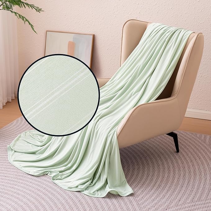 Amazon Basics Striped Cooling Blanket for Hot Sleepers, Reversible Lightweight Thin Throw Blanket for Bed, Couch and Sofa, Throw (50" x 70"), Aloe Green Striped