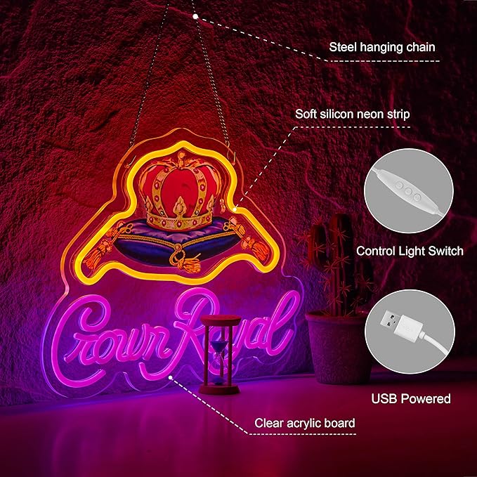 Neon Sign for Wall Décor Crown Art Neon Light Whiskey LED Signs with Dimmer for Man Cave Beer Bar Decor(17x13inch)