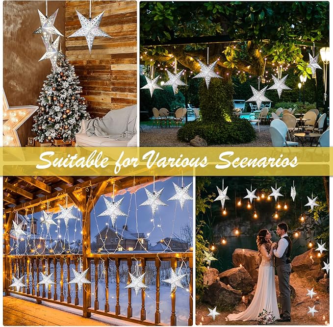 Zhanmai 10 Pcs Large 3D Silver Paper Star Lantern with 10 LED Lights 11.8 Inch 5 Point Hollow Hanging Paper Star Lampshade Decoration Light Lanterns for Wedding Birthday New Year Party Home Decor
