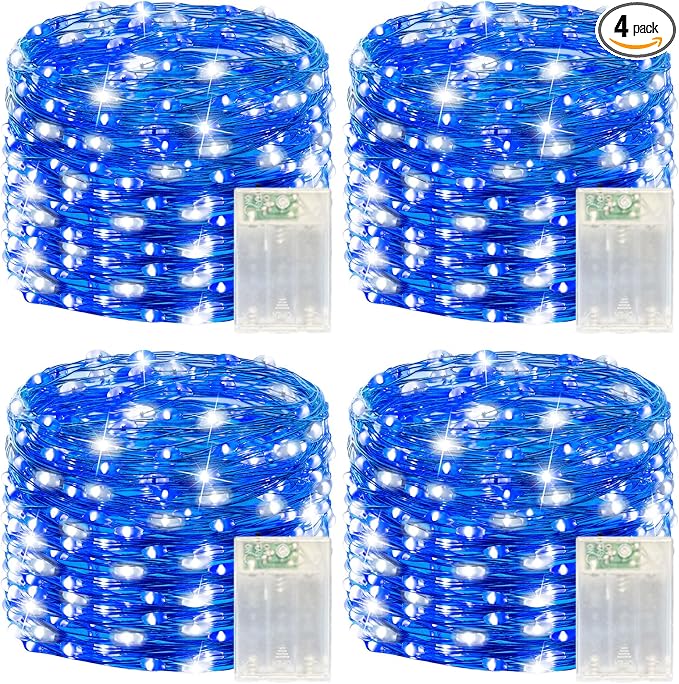 LitHome 4 Pack Christmas Fairy Lights Battery Operated Each 20FT 60 LED | Twinkle Lights with 2 Modes Indoor Outdoor, Waterproof Led Fairy Lights for Party Wreath Garland Table Decor, Blue & White