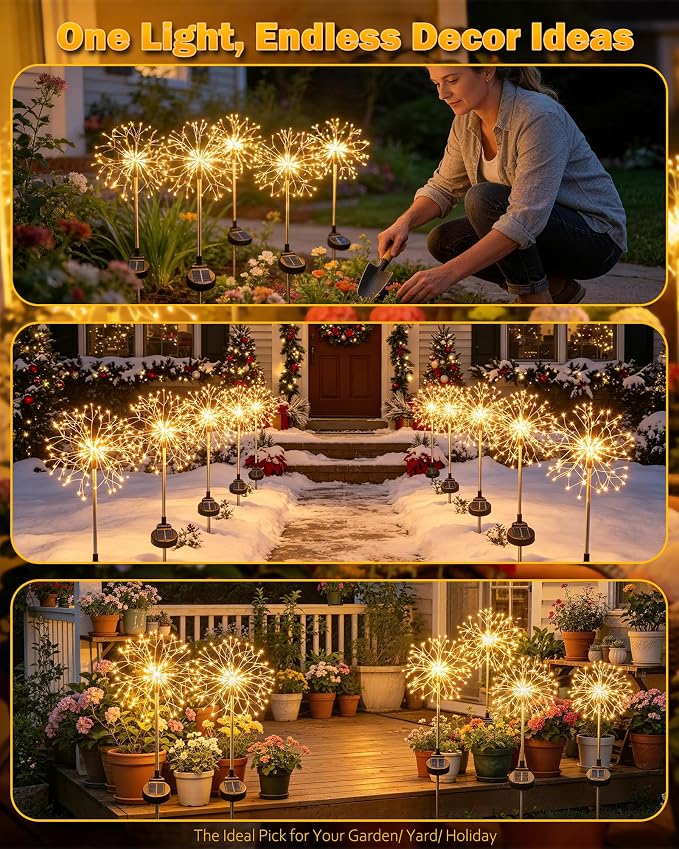 Solar Garden Lights Outdoor Yard Decorations, 2 Pack 150Leds Pathway Lights Stake, Fairy Firework Light for Garden, Patio, Pathway, Flowerbed Gold Color