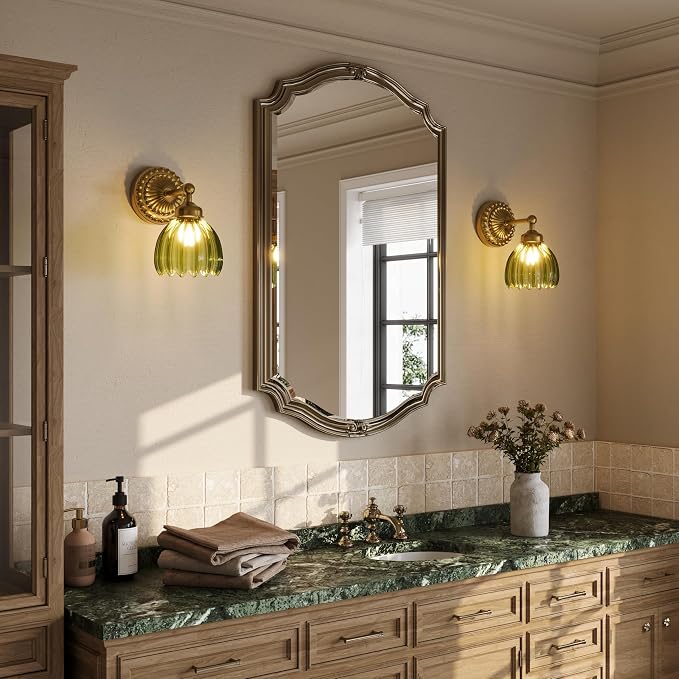 Battery Operated Wall Sconce, Vintage Wall Light, 2 Pack, Green Tulip Glass | Gold Metal Base, 5200mAh Rechargeable, Dimmable LED, Remote Control, Cordless, Bedside, Bedroom, Doorway, Living Room