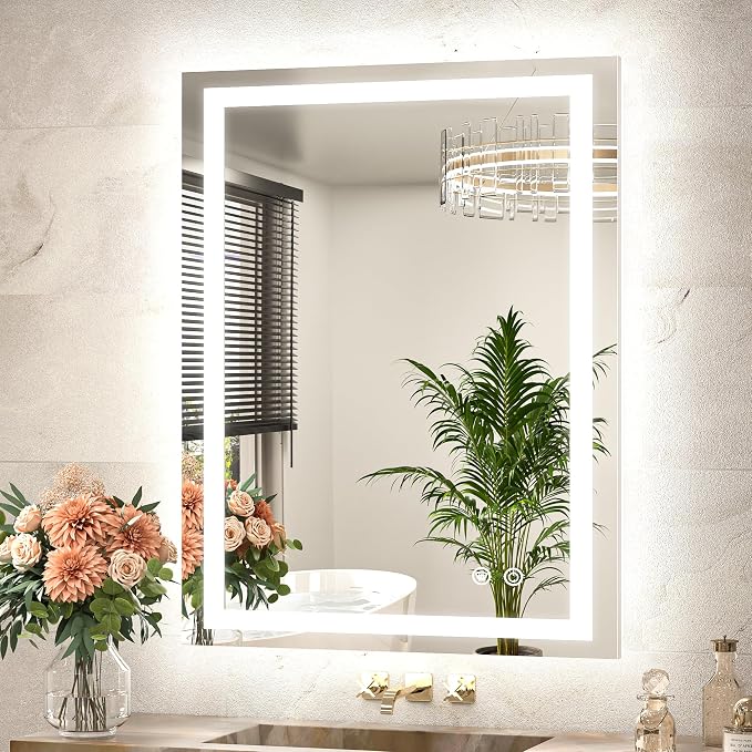 LED Bathroom Mirror with Lights 28 x 36 Frontlit and Backlit Light up Mirror, Brighter Lighted Bathroom Mirror for Wall, 3-Color Anti Fog Mirror, Waterproof, Shatterproof Tempered Glass