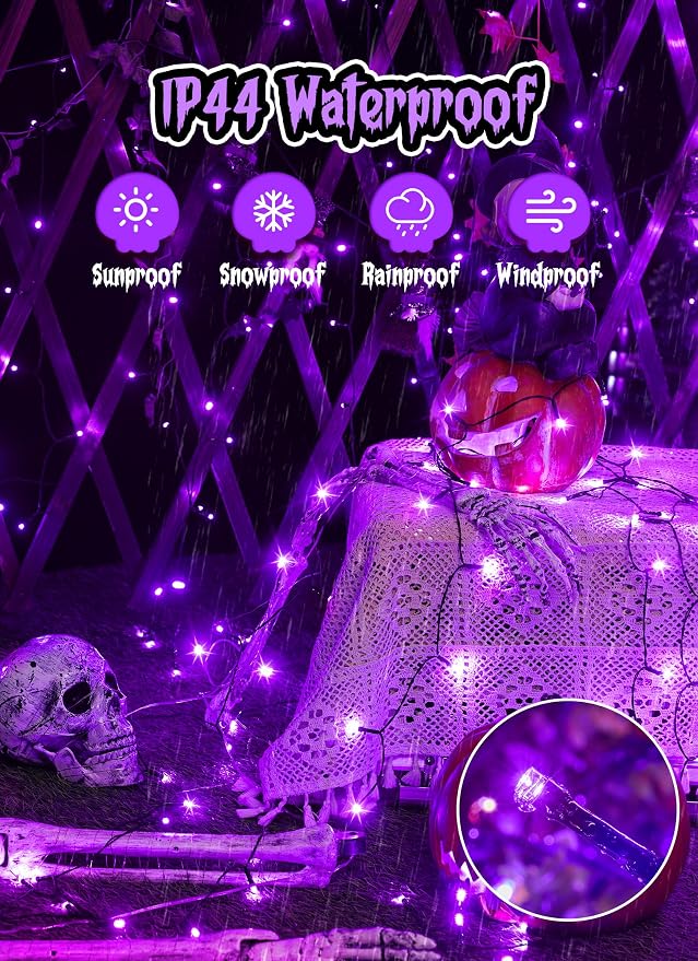 Minetom Solar Halloween Lights Outdoor, 40FT 100 LED Halloween String Light | Halloween Decoration Outdoor with 8 Modes, Black Wire, Waterproof Solar String Lights for Outside Tree Yard Party, Purple
