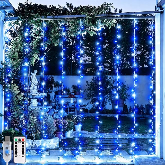 JMEXSUSS 200 LED USB Curtain Lights Blue and White | Remote Curtain Christmas Lights, 8 Modes Christmas String Lights for for Bedroom, for Christmas, for Party, 6.5ftx6.5ft