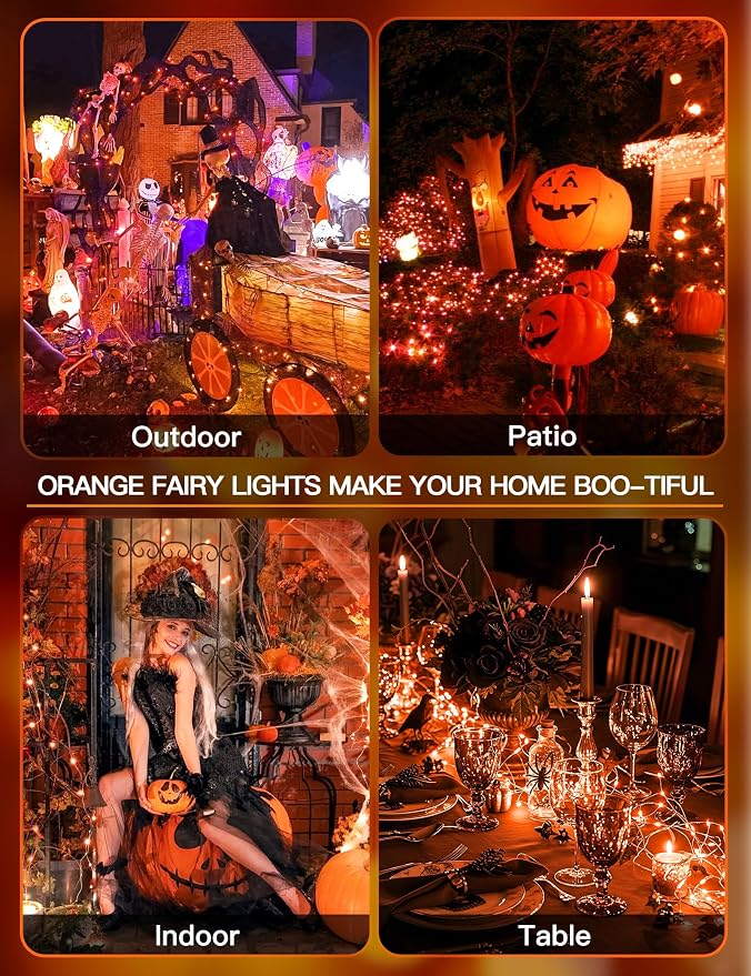 Halloween Lights Battery Operated, 33ft 100 LED Orange String Lights for Outside Decorations Waterproof, Fairy Lights with Timer and Remote for Party, Yard, Outdoor, Tree, Wedding, Rroom Decor