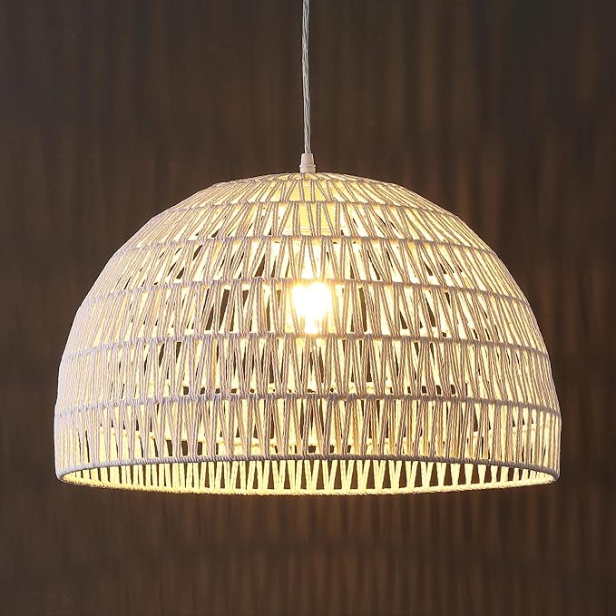 JONATHAN Y Campana 1-Light Pendant Dome Ceiling Lamp, 20", White | Modern Coastal Farmhouse Decor, Adjustable Height, Woven Rope Metal Frame, LED Bulb Included, UL Listed