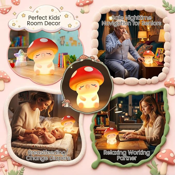 YR YRHH-PET Cute Bubble Mushroom Night Light, Squishy Lamp Mushroom Gifts | Orange Safe Silicone Lamp, Kids Baby Touch Nightlight For Nursery, Dimmable Rechargeable Decor, College White Elephant Gifts