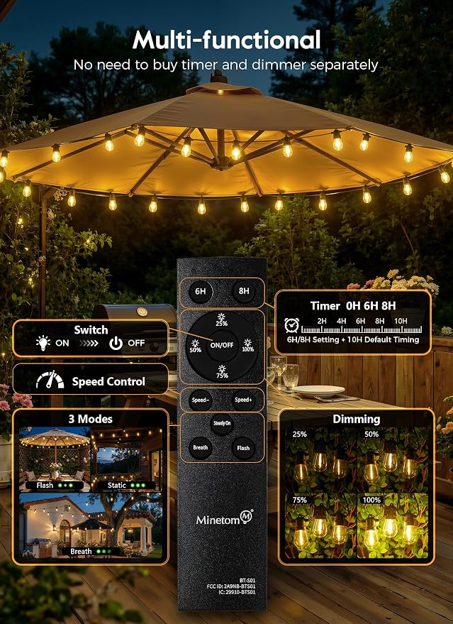 Minetom 100FT Solar String Lights Outdoor Waterproof, S14 Patio Lights | 31+2LED Shatterproof Bulb, Remote Type-C Port Timable, 3 Light Modes Dimmable Solar String Lights for Outside, Yard, Camping
