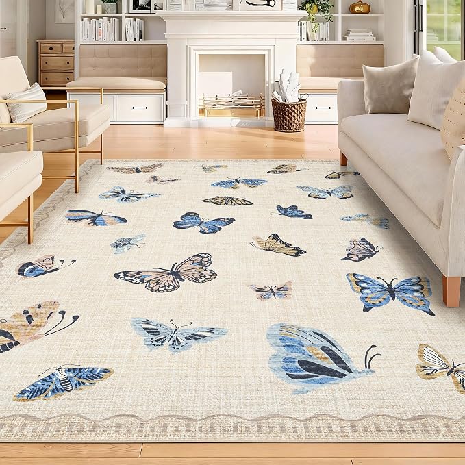 GarveeHome Butterfly Area Rug 6x9, No Slip Washable Rug, Modern Bedroom Rug Under Bed Ultra Carpet, Low-Profile Rugs for Living Room Bedroom Dining Room, Khaki