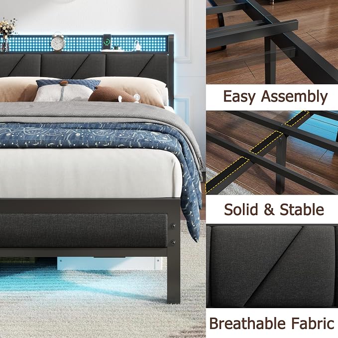 King Size Bed Frame with Storage Shelf and Upholstered Headboard | Metal Platform Bed with LED Light, Charging Station and Heavy Duty Slats, No Box Spring Needed, Noise Free & Easy Assembly