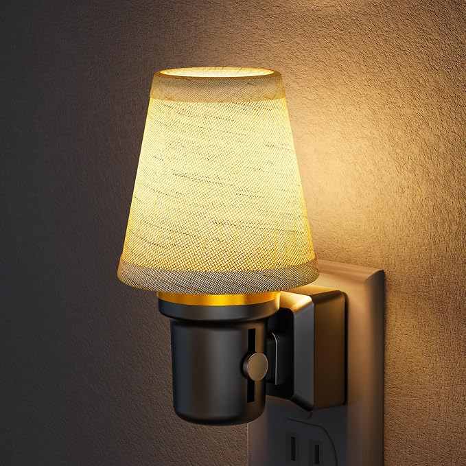 LED Night Lights Plug into Wall Linen Fabric Round Platform | Decorative Night Light, Dusk to Dawn Sensor ,0-100LM Dimmable Vintage Lamp Nightlight for Bedroom Living Room Hallway