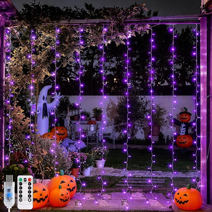 JMEXSUSS 200 LED USB Purple Halloween Lights, 6.5ft x 6.5ft | Halloween Curtain Lights with Remote, 8 Modes Purple Curtain String Lights for Bedroom Party Halloween Decorations