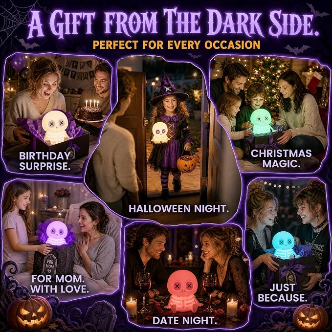 FAMIDUO Skull Night Light, Halloween Decor Gift,8 Colors Kids Skeleton Lamp | Silicone Squishy Safe Toy,Rechargeable Dimmable Touch Bedside Lamp for Nursery,Cool Cute Gothic Decor,Office College Bedroom