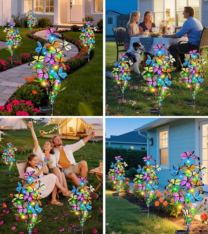 Solar Garden Lights Outdoor, 4 Pack 240 LED Butterfly Lights, Waterproof | 54 Colorful Butterflies and 240 LEDs Garden Decor, Waterproof Yard Decor for Patio and Lawn, Gift for Women and Mom