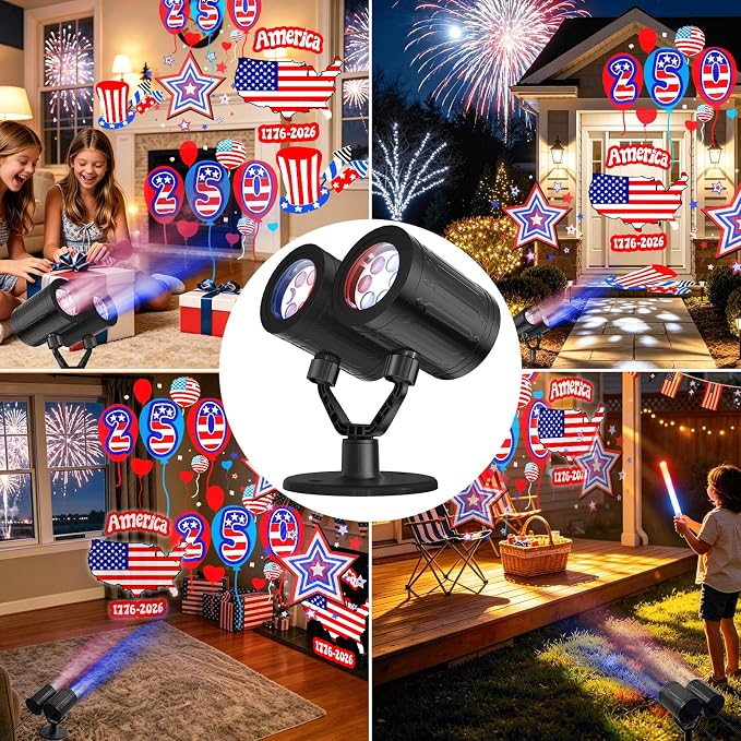 Independence Day Projector Lights Outdoor 4th of July Decorations Lights Projector with American Flag Patterns Waterproof Patriotic Projection Light for 250th Anniversary for Garden Party Decor