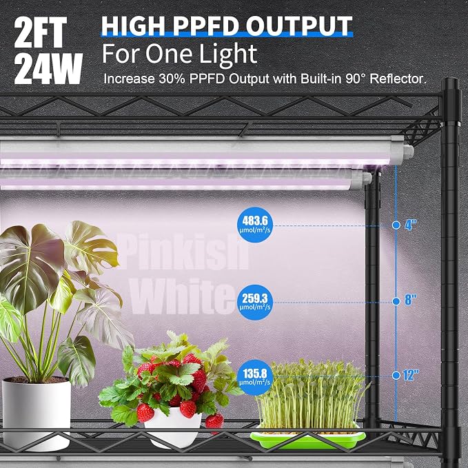 JESLED Waterproof T8 2FT Grow Lights, Full Spectrum Indoor Plant Light, 2P | 48W(2 X 24W)300W Equivalent, V-Shaped Beam, On/Off Switch, Linkable Plant Light Strip for Greenhouse, Shelf, Indoor Outdoor