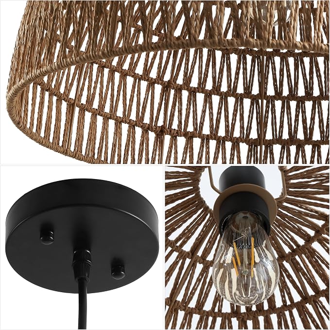 JONATHAN Y Campana 1-Light Pendant Dome Ceiling Lamp, 20", Brown | Modern Coastal Farmhouse Decor, Adjustable Height, Woven Rope Metal Frame, LED Bulb Included, UL Listed