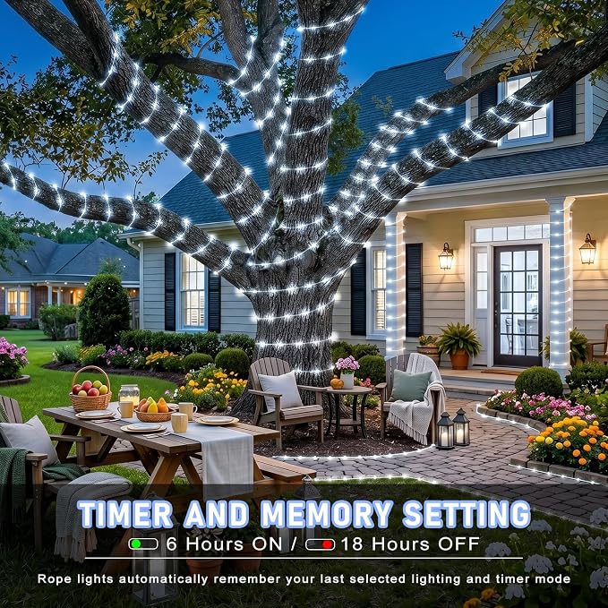 Rope Lights for Outside, 33FT 100 LED Christmas Lights Outdoor, Cool White | Waterproof 8 Modes Plug in Connectable Tube Lights Indoor for Garden Patio Pool Classroom Landscape Party Decorations