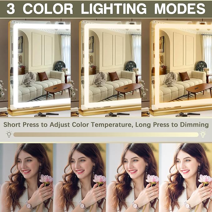 ROLOVE Gold Vanity Mirror with Lights, 32" x 22" Large Lighted Vanity Mirror with Dimmable 3 Modes, LED Makeup Mirror, USB Charging Port, Tabletop or Wall-Mounted
