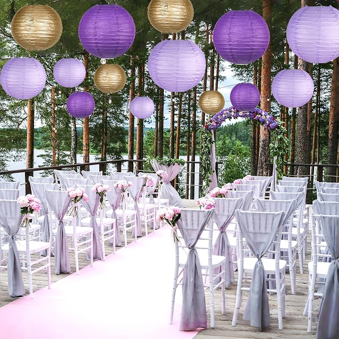 15-Pack Purple Gold Paper Lanterns, Rapunzel Birthday Decorations | 6, 8 & 10-Inch Round Hanging Set with Wire Frames for Baby Showers, Weddings, Graduations, Mermaid Themes & Ceiling Displays