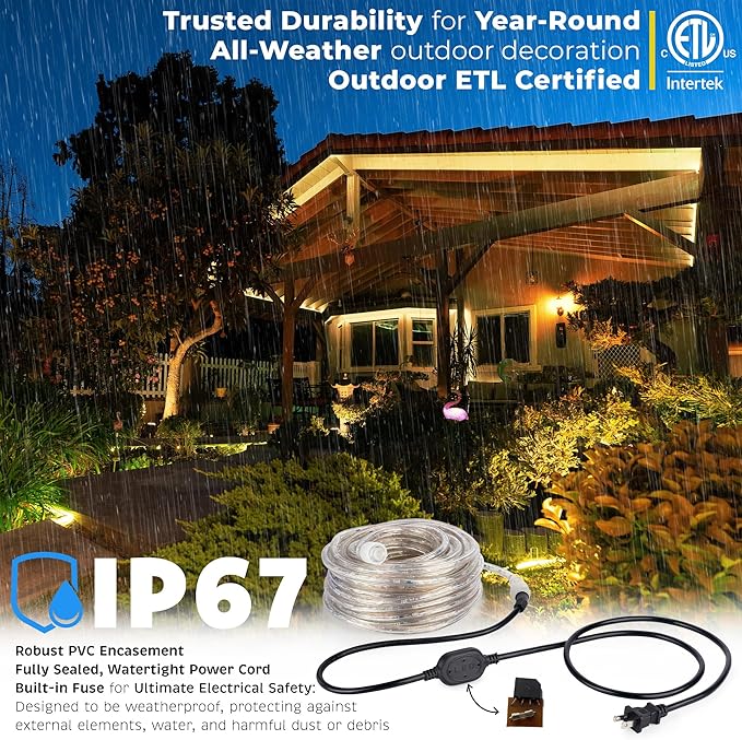 WYZworks 216LEDs, 20ft LED Outside Rope Lights, Waterproof Permanent Outdoor ETL Certified Connectable Clear Tube, Christmas Palm Tree Holiday Decorative Landscape Patio Accent Lighting - Warm White
