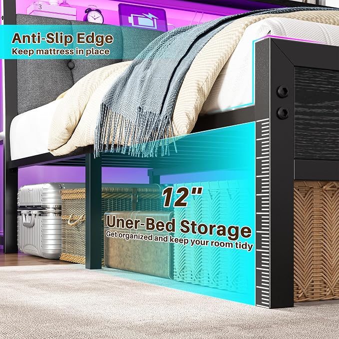 Homkdom King Bed Frame Upholstered Storage Headboard,Charging Station,Black | LED Lights, 12" Under-Bed Storage, 2 AC Outlet&2 USB, Noise-Free,Easy Assembly,No Box Spring Needed,1100 lbs