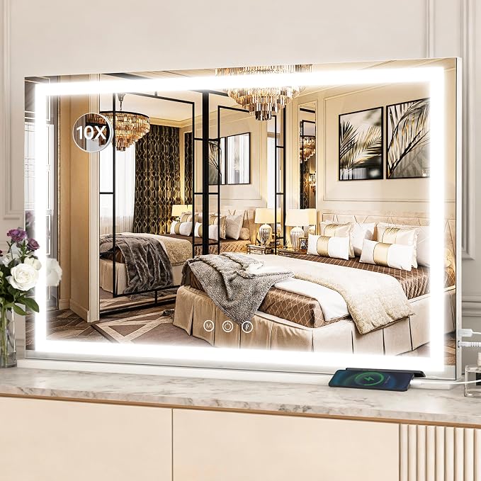 ROLOVE 39" x 28" Extra Large Vanity Mirror with Lights, Lighted Makeup Mirror with USB Charging Port & 10X Magnifier, 3 Color Dimmable Smart Touch, Wall Mounted or Tabletop Desk Mirror, White