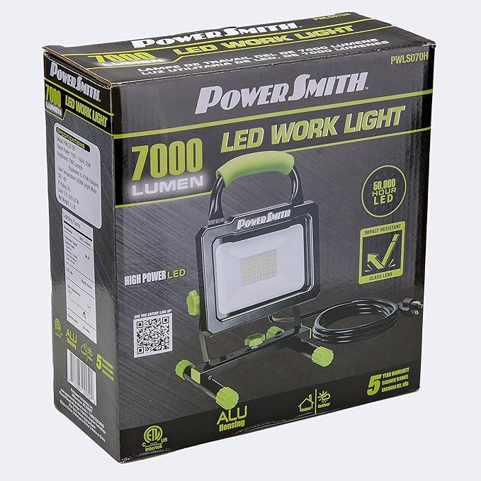 PowerSmith 7,000 Lumen Portable LED Work Light with Metal Stand and Housing, Sealed On/Off Switch, and 5 Year Warranty (PWLS070H)