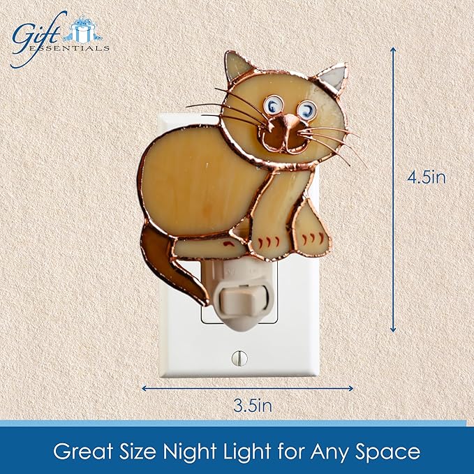 Gift Essentials Tan Cat Plug in Night Light - Stained Glass Nightlight with On/Off Rocker Switch - Includes One 4 Watt Replaceable Incandescent Warm Glow Bulb