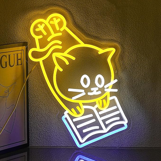 Cat Reading Book Neon Sign Reading Cat Neon Lights for Wall Decor Adorable Cat Neon Signs Dimmable Read Book LED Neon Sign for Classroom Library Children Studying Room Bedroom Decoration