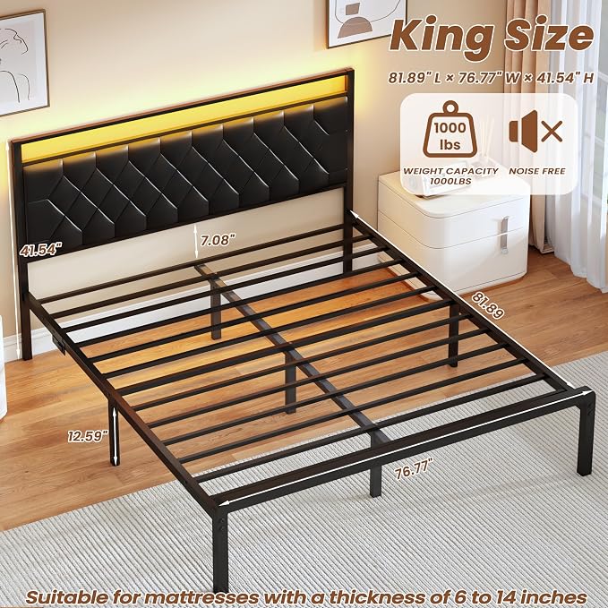 King Size Bed Frame with Charging Station, LED Light and PU Leather Upholstered Headboard, Platform Bed Frame with Under-Bed Storage, Easy Assembly, Noise Free, No Box Spring Needed, Black