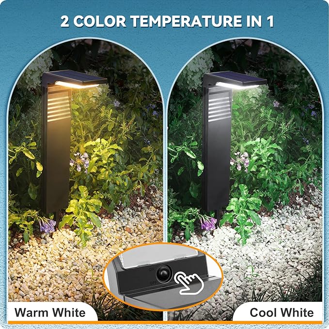 JOFIOS Solar Pathway Lights 4 Pack with Warm White and Cool White Mode, Modern Solar Path Lights Outdoor Waterproof, Perfect Solar Lights for Backyard, Lawn, Driveway, Walkway, Garden Decorative.