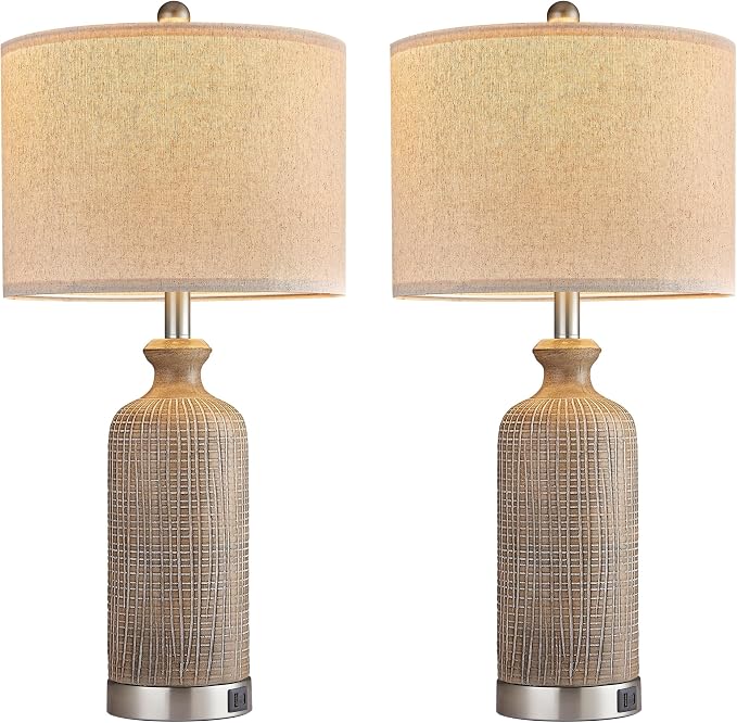 Living Room Lamps Set of 2, 27" Touch Lamps for Nightstand with USB A+C Ports, Modern Farmhouse Table Lamps for Bedroom, Wood Grain, Ceramic