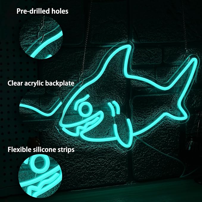Shark Neon Sign for Wall Decor Fish LED Neon Light USB Powered Shark Shaped Light Sign for Wall Decor Man Cave Zoo Bedroom Home(10.63 * 16.54In)