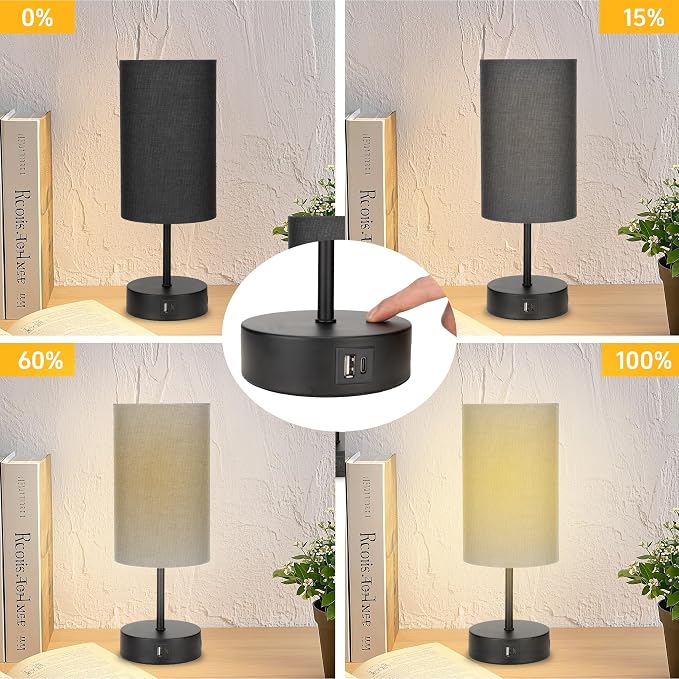 Bedside Table Lamp for Bedroom - 3 Way Dimmable Touch Lamp USB C Charging Ports and AC Outlet, Black Base Round Flaxen Fabric Shade for Living Room, Desk, LED Bulb Included(Black)