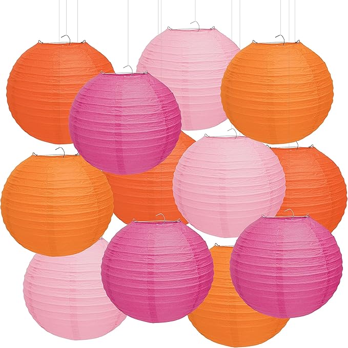 12 Pcs Pink and Orange Paper Lanterns, 10" Hanging Paper Lanterns, Pink and Orange Party Decorations for Home Birthday Wedding Sunset and Valentines Party Decorations