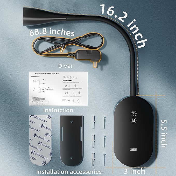 deeloop LED Wall Mount Reading Lamp, CRI 95+ Wall Sconce Light with 10W USB Output，4 Color 5 Dimming Touch Control Wall Lamps with 4 Hours Auto-Off Bed Lighting Spotlight Black