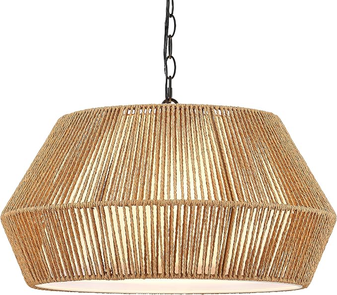 ELYONA Large 4-Lights 20" Rattan Chandelier, Boho Pendant Light Fixtures, Adjustable Japandi Woven Chandelier for Dining Room with Fabric Shade, Rustic Hanging Light for Kitchen Island,Living Room