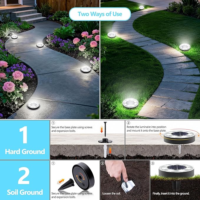 Joomer 2-in-1 Solar Lights Outdoor Waterproof, 16 Pack 8 LED, White | Solar Powered Garden Lights Ground Disc Landscape Lighting for Patio Pathway Lawn Yard Driveway Walkway Deck Step