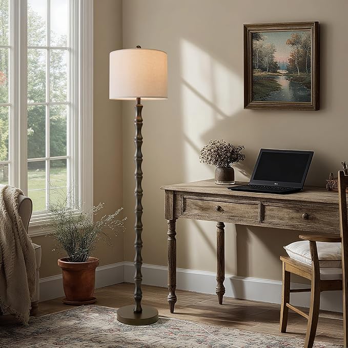 BOBOMOMO 62" Rustic Farmhouse Floor Lamp Dark Brown with Remote & Dimmable 9W Bulb, 3 Color Temperatures Resin Standing Lamp, Retro Tall Lamp for Living Room, Bedroom, Nursery, Office, Reading Nook