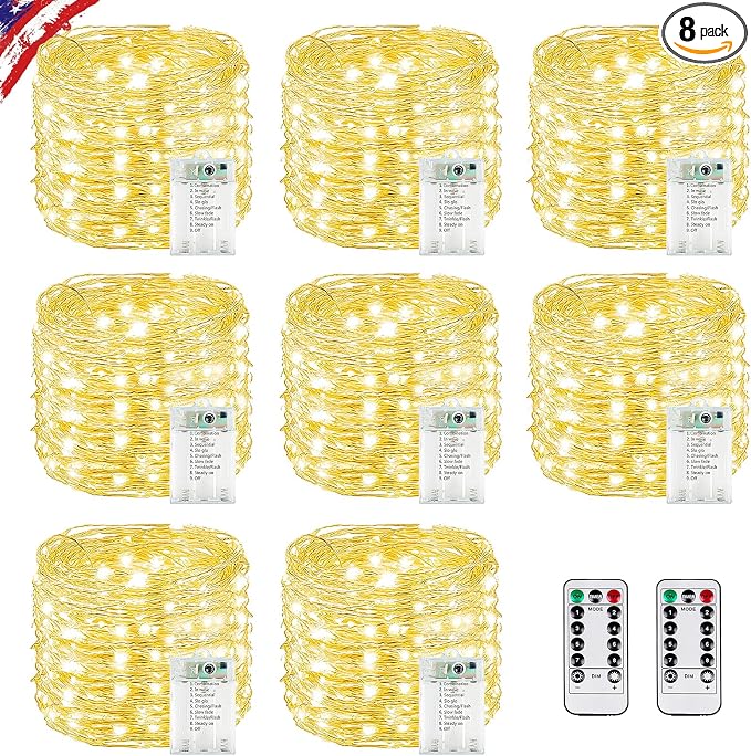 8 Pack Fairy Lights Battery Operated Twinkle Lights Remote Warm White | Total 160FT 480LED String Light, Timer & 8 Modes, Memory, Dimmable, Waterproof Battery Lights Indoor Outdoor Christmas Decor