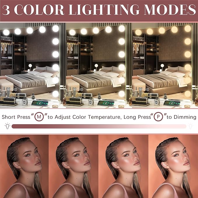 ROLOVE 32"x24" Hollywood Vanity Mirror with Lights, 15 Dimmable LED Bulbs, 3 Color Modes, 10X Magnification, USB Charging Port, Tabletop or Wall-Mounted