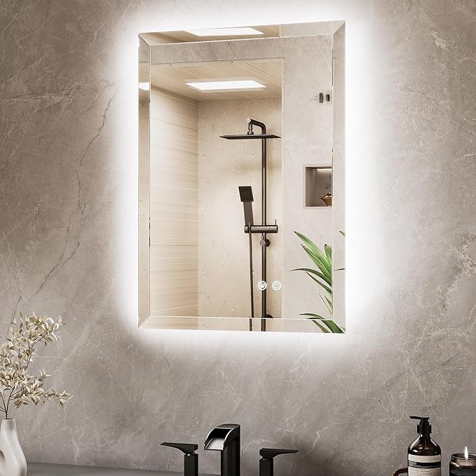 TETOTE 20 x 28 Backlit Mirror Bathroom, LED Vanity Mirror with Beveled Edge, Tempered Glass, 3 Colors Lights, Anti-Fog, Dimmable, Memory Function, UL-Listed, Frameless LED Vanity Wall Mirror