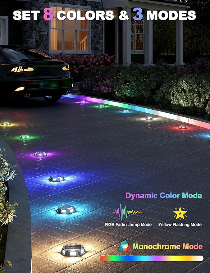 VOLISUN Solar Driveway Dock Deck Markers Marine Lights 8 Pack,9 Colors in 1 Led IP67 Waterproof Outdoor Warning Step Lights for Driveway Sidewalk Walkway Pathway RGB