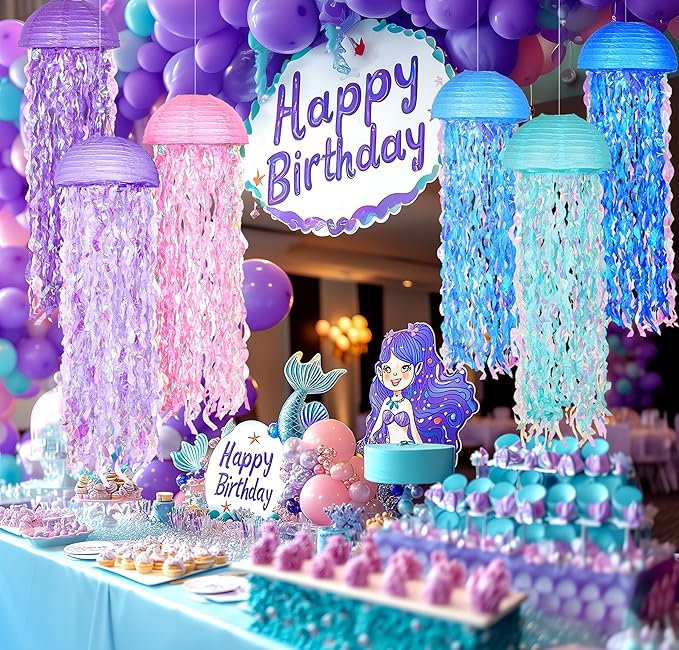 10" Mermaid Jellyfish Lanterns – Pink Purple Blue Decorations for Mermaid Birthday Party, Under the Sea Theme, Baby Shower, Ocean & Beach Room Hanging Decor (Set of 6)