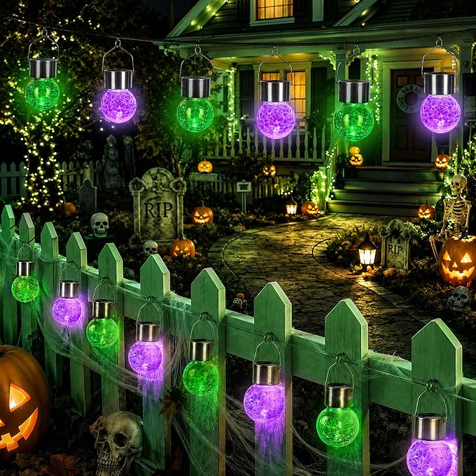 GIGALUMI Halloween Solar Lights Outdoor Solar Hanging Lanterns Outside 12PC | Green, Halloween, Solar Powered, Waterproof, Decorative, Crackle Glass, Graden&Tree Decoration, Gifts for Women, Ornaments