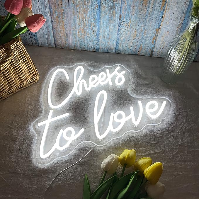 Cheers to Love Neon Sign for Wall Decor, Cheers to Love Led Sign with USB Supply for Bedroom Birthday Wedding Decor，White Led Signs 15.7x11.8 Inch